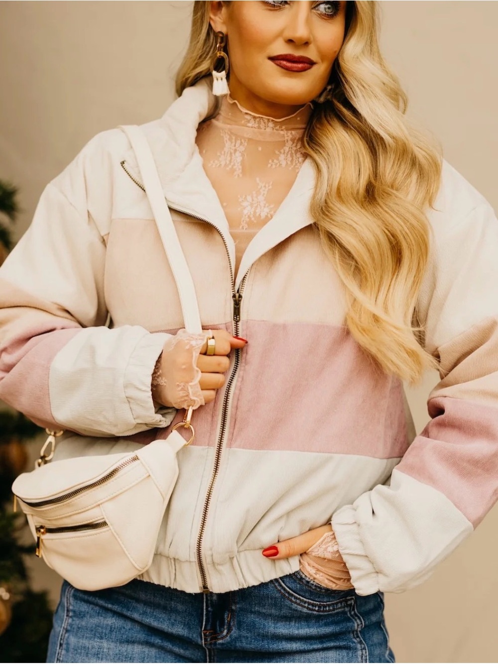 Pink Lily Cream and Blush Colorblock Bomber Jacket